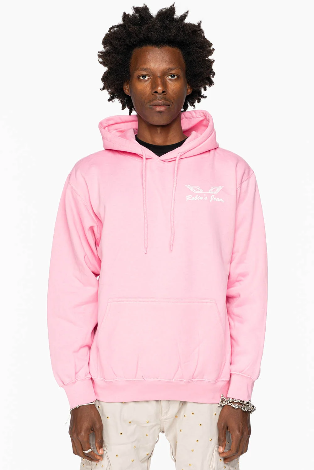 ROBIN’S JEAN PULLOVER HOODIE IN LIGHT PINK WITH WHITE WING PRINT