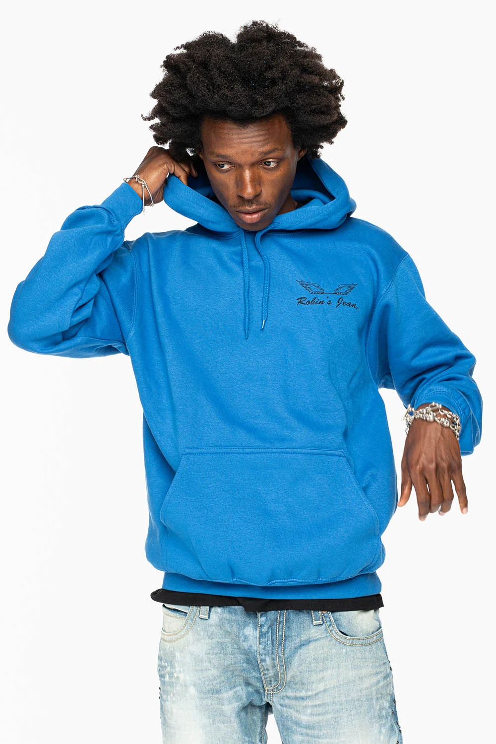 ROBIN’S JEAN PULLOVER HOODIE IN ROYAL BLUE WITH BLACK WING PRINT - Image 6