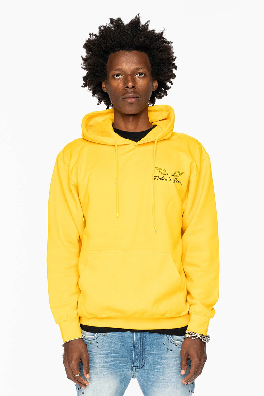 ROBIN’S JEAN PULLOVER HOODIE IN YELLOW WITH BLACK WING PRINT
