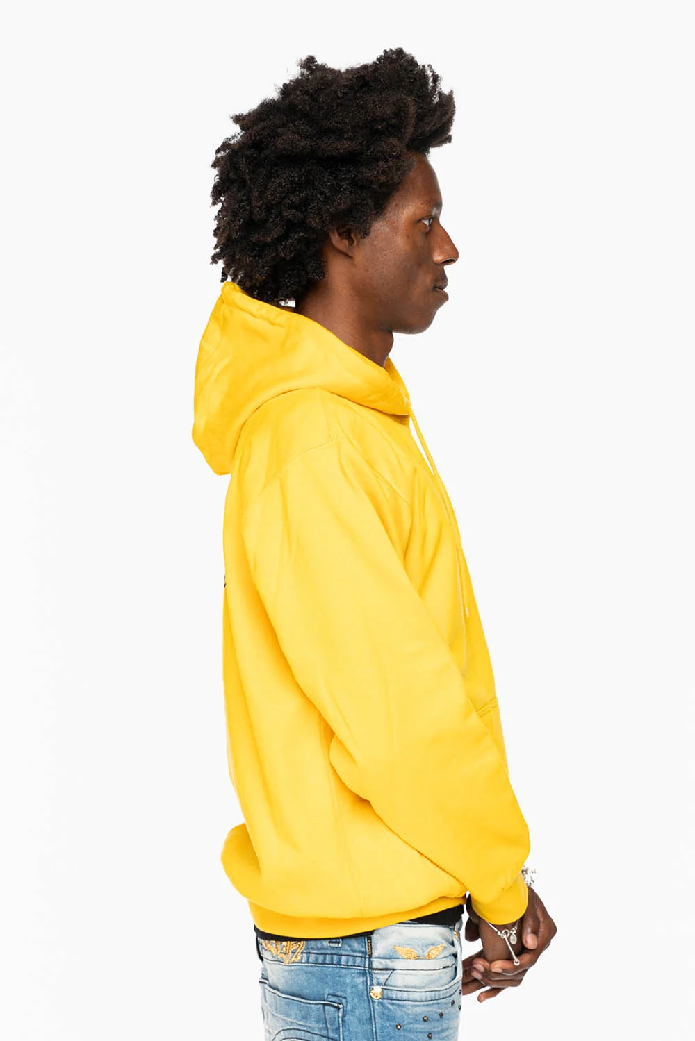 ROBIN’S JEAN PULLOVER HOODIE IN YELLOW WITH BLACK WING PRINT - Image 3