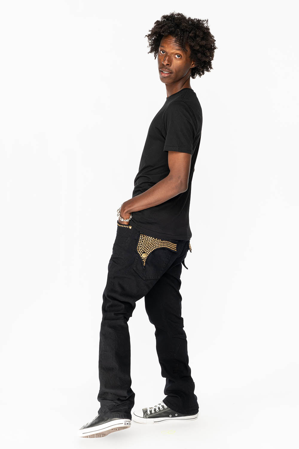 KILLER FLAP MENS STRAIGHT LEG JEAN IN  BLACK FULLY EMBELLISHED WITH SMOKEY TOPAZ CRYSTALS - Image 3