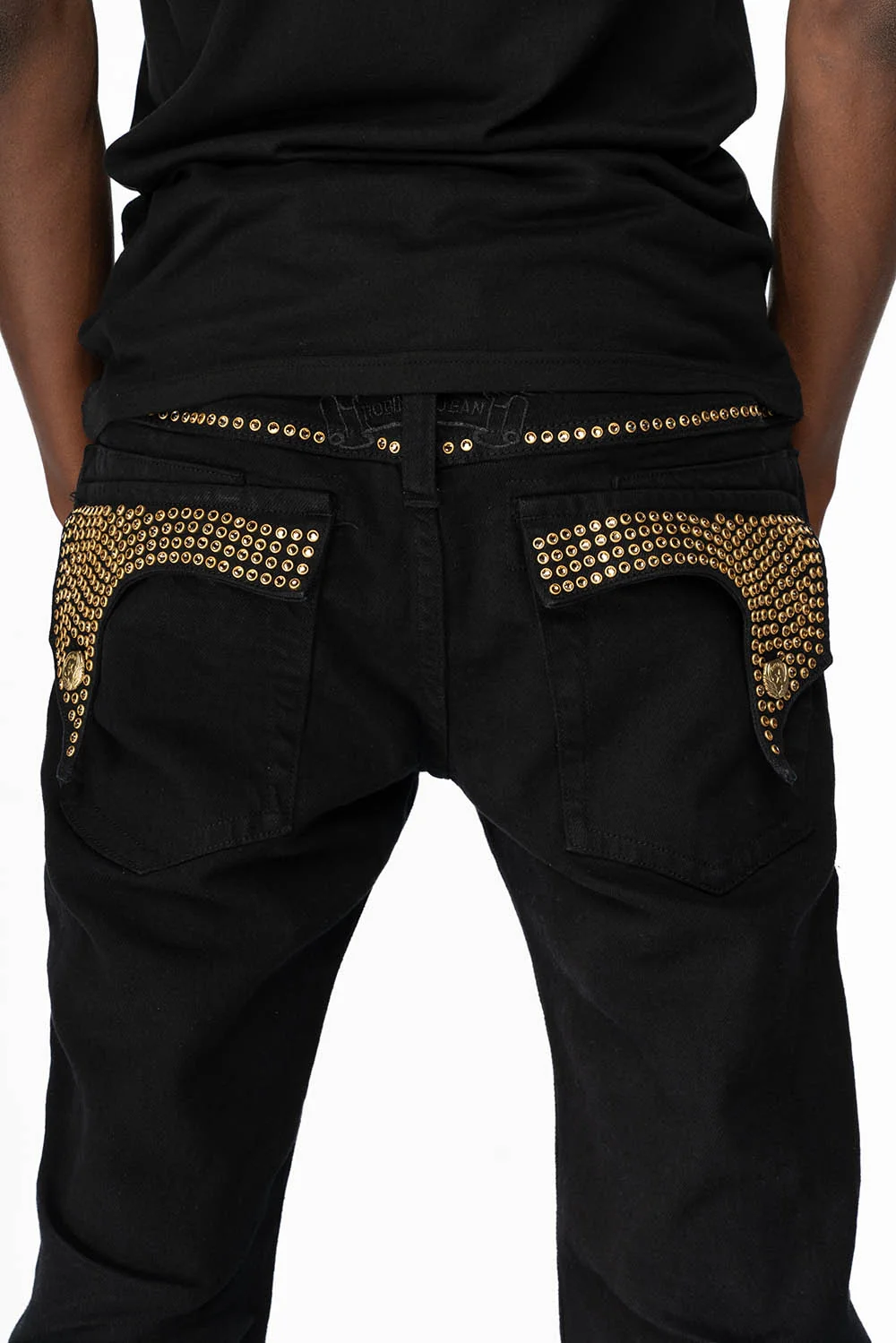 KILLER FLAP MENS STRAIGHT LEG JEAN IN  BLACK FULLY EMBELLISHED WITH SMOKEY TOPAZ CRYSTALS - Image 4
