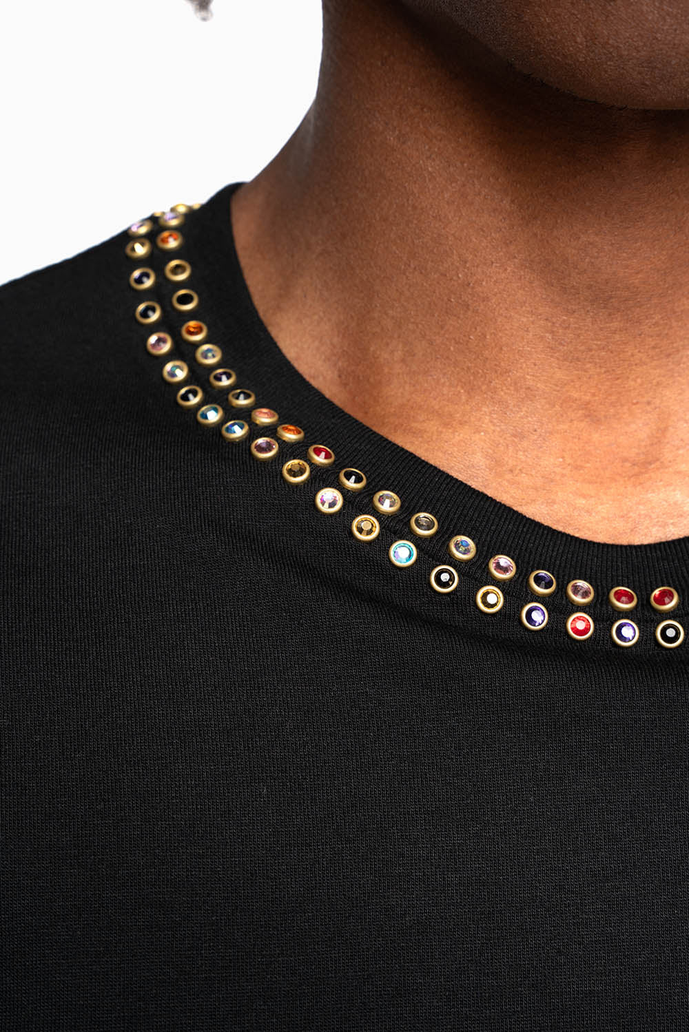 ROBIN’S LOGO WINGS TEE IN BLACK GOLD GLITTER EMBELLISHED WITH 2 LINE MULTI COLOR CRYSTALS - Image 2