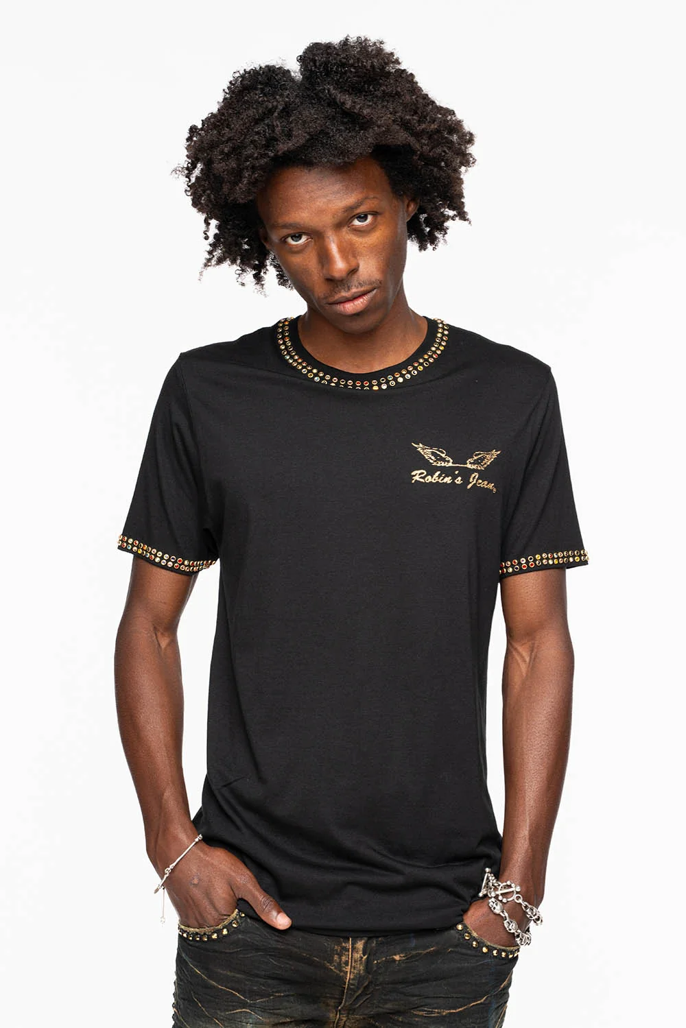 ROBIN’S LOGO WINGS TEE IN BLACK GOLD GLITTER EMBELLISHED WITH 2 LINE MULTI COLOR CRYSTALS - Image 7