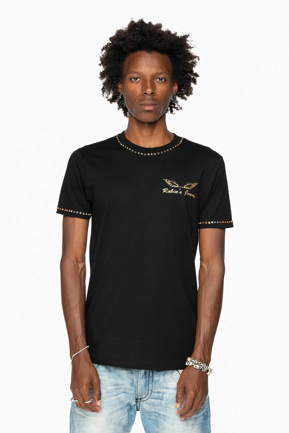 ROBIN’S LOGO WINGS TEE IN BLACK GOLD GLITTER EMBELLISHED WITH MULTI COLOR CRYSTALS - Image 11
