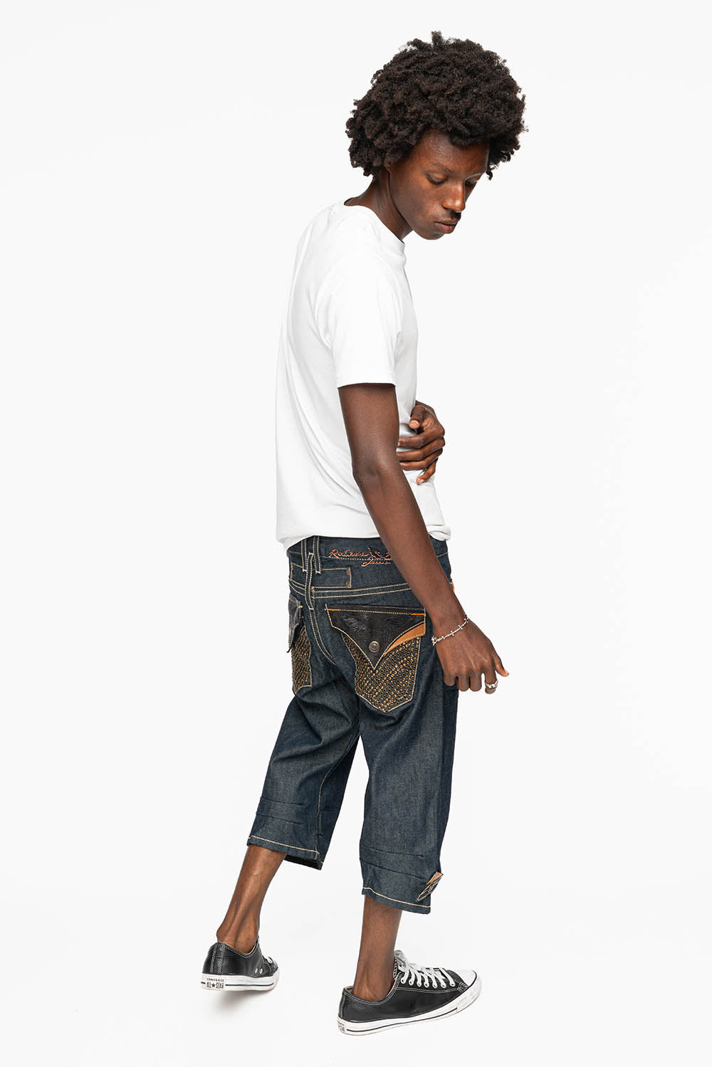 ROBIN’S RYDER SHORT IN BLUE RAW DENIM WITH LEATHER FLAPS AND CRYSTALS - Image 12