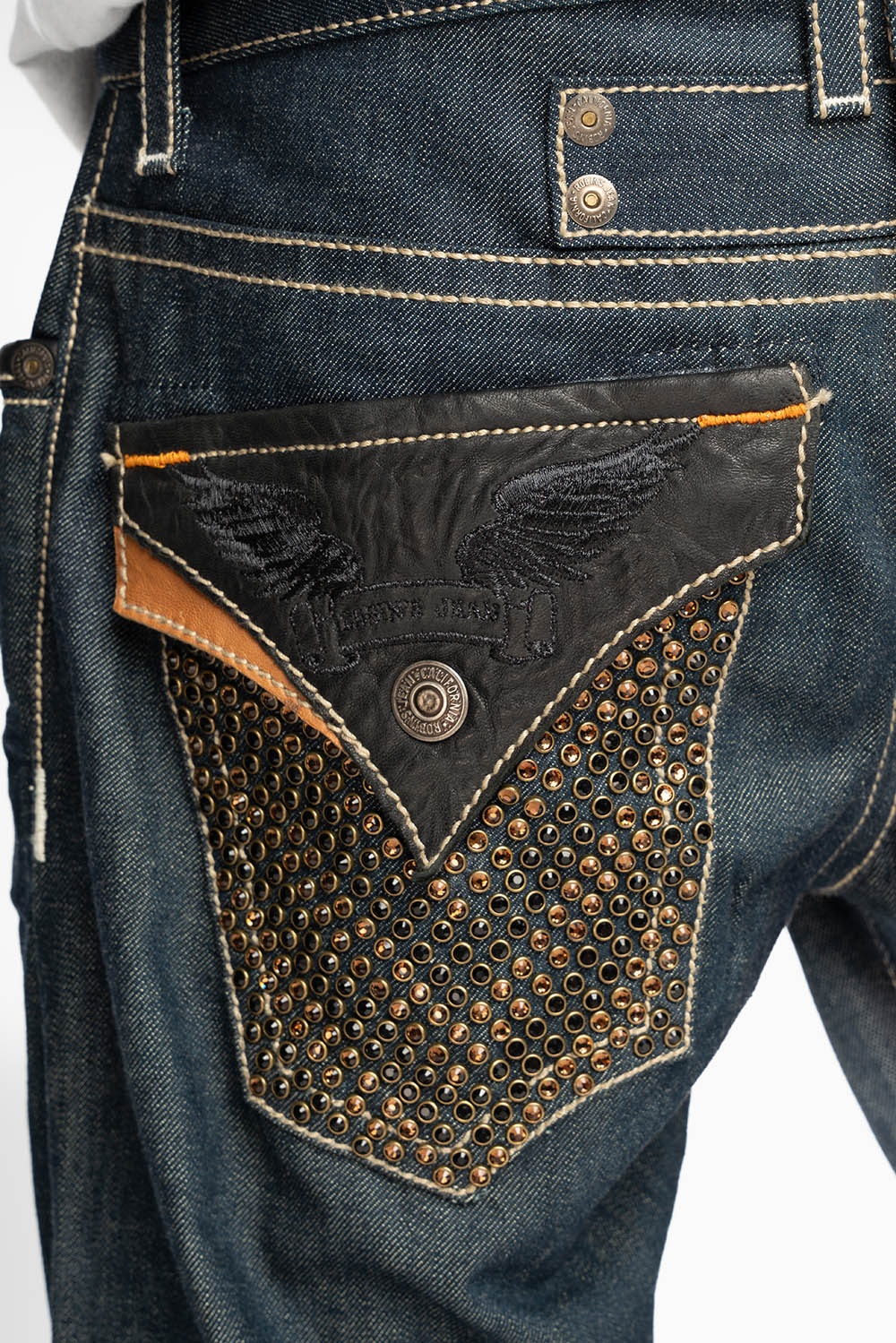 ROBIN’S RYDER SHORT IN BLUE RAW DENIM WITH LEATHER FLAPS AND CRYSTALS - Image 2