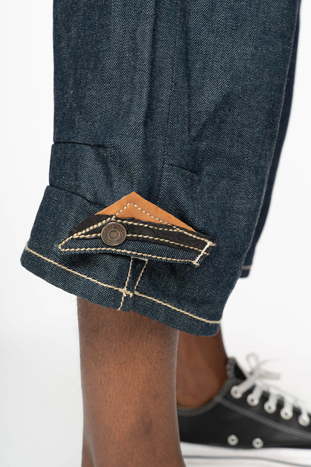 ROBIN’S RYDER SHORT IN BLUE RAW DENIM WITH LEATHER FLAPS AND CRYSTALS - Image 5