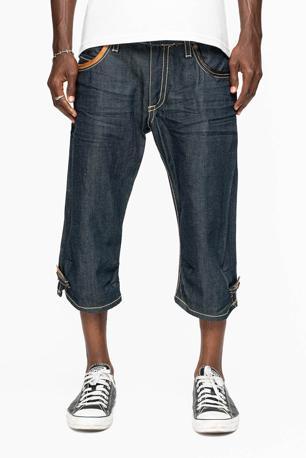 ROBIN’S RYDER SHORT IN BLUE RAW DENIM WITH LEATHER FLAPS AND CRYSTALS - Image 6
