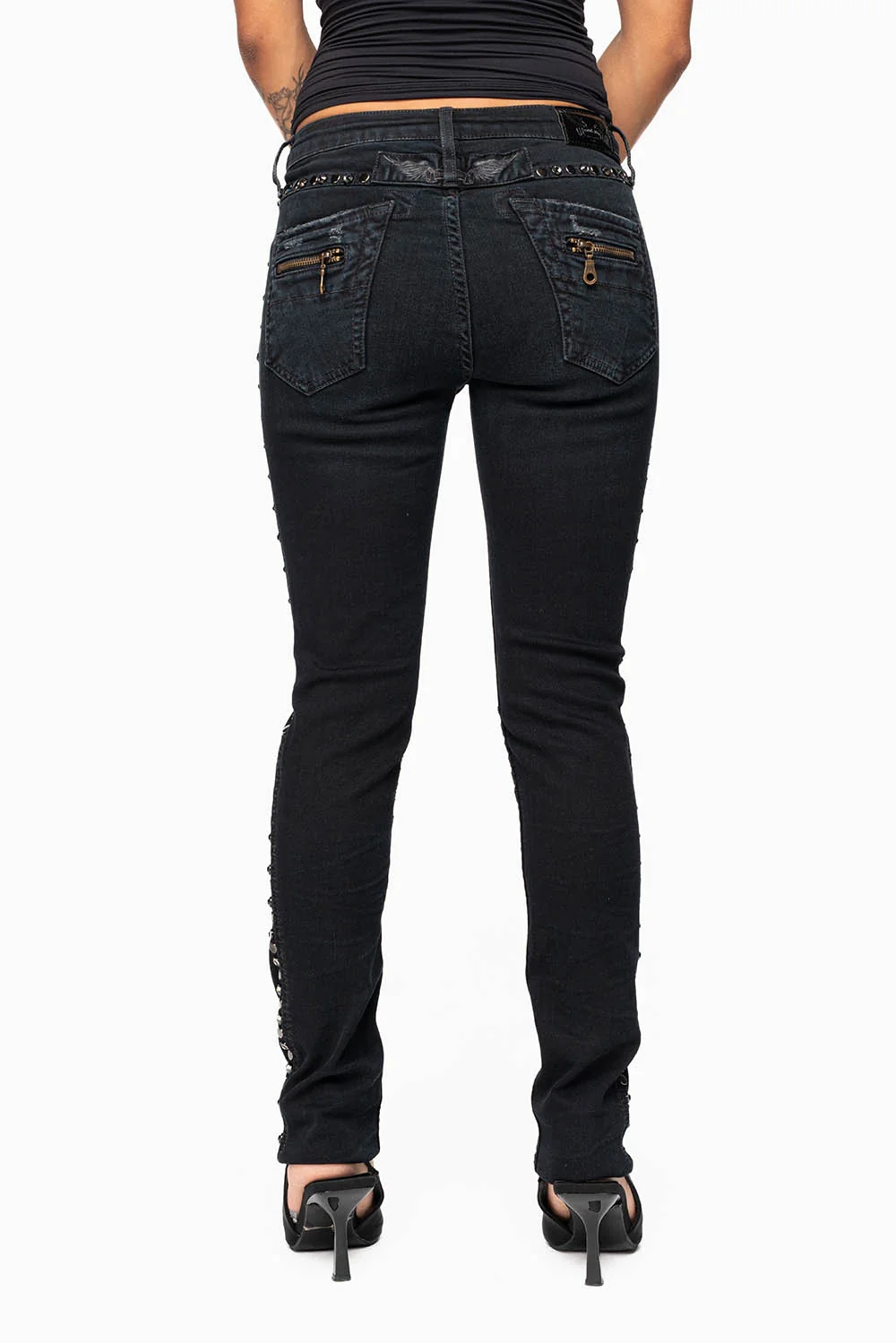ROBIN'S BIKER WOMENS JEANS IN BROKEN EBONY BLACK EMBELLISHED WITH STUDS AND CRYSTALS - Image 7