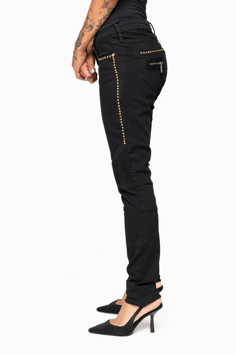 ROBIN'S BIKER WOMENS JEANS IN PURE BLACK EMBELLISHED WITH GOLD CRYSTALS - Image 3