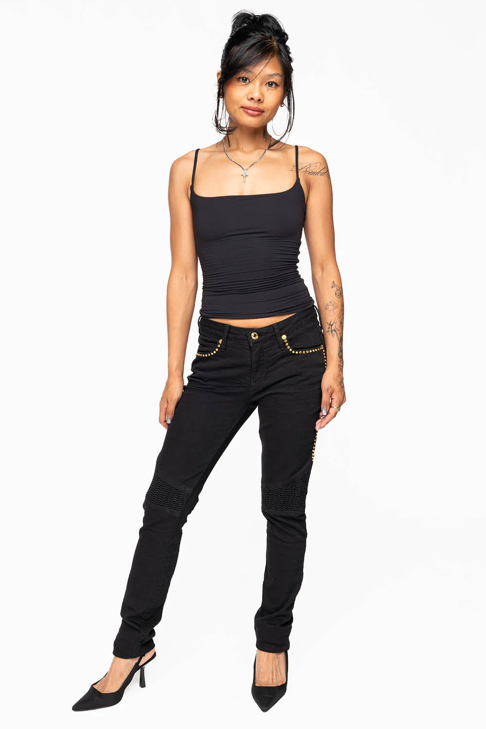 ROBIN'S BIKER WOMENS JEANS IN PURE BLACK EMBELLISHED WITH GOLD CRYSTALS - Image 6
