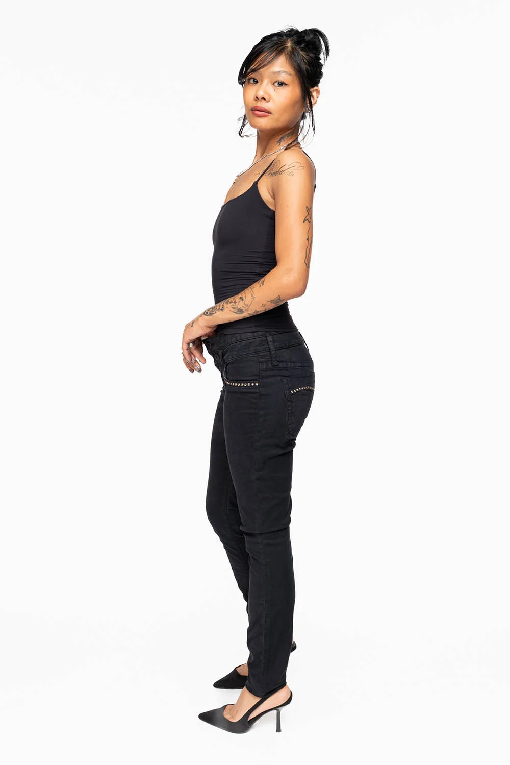 ROBIN'S DOUBLE WAIST SKINNY IN PURE BLK WITH STUDS AND CRYSTALS - Image 11