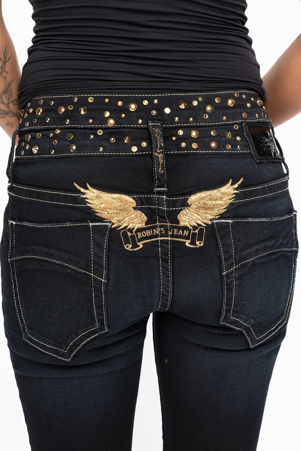 ROBIN'S DOUBLE WAIST SKINNY JEAN IN EBONY BROKEN BLACK WASH WITH CRYSTALS, SPIKES & NAILHEADS - Image 3