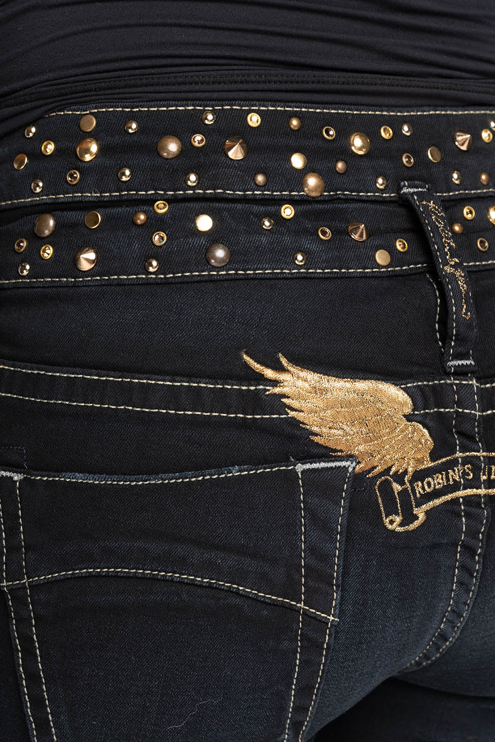 ROBIN'S DOUBLE WAIST SKINNY JEAN IN EBONY BROKEN BLACK WASH WITH CRYSTALS, SPIKES & NAILHEADS - Image 4