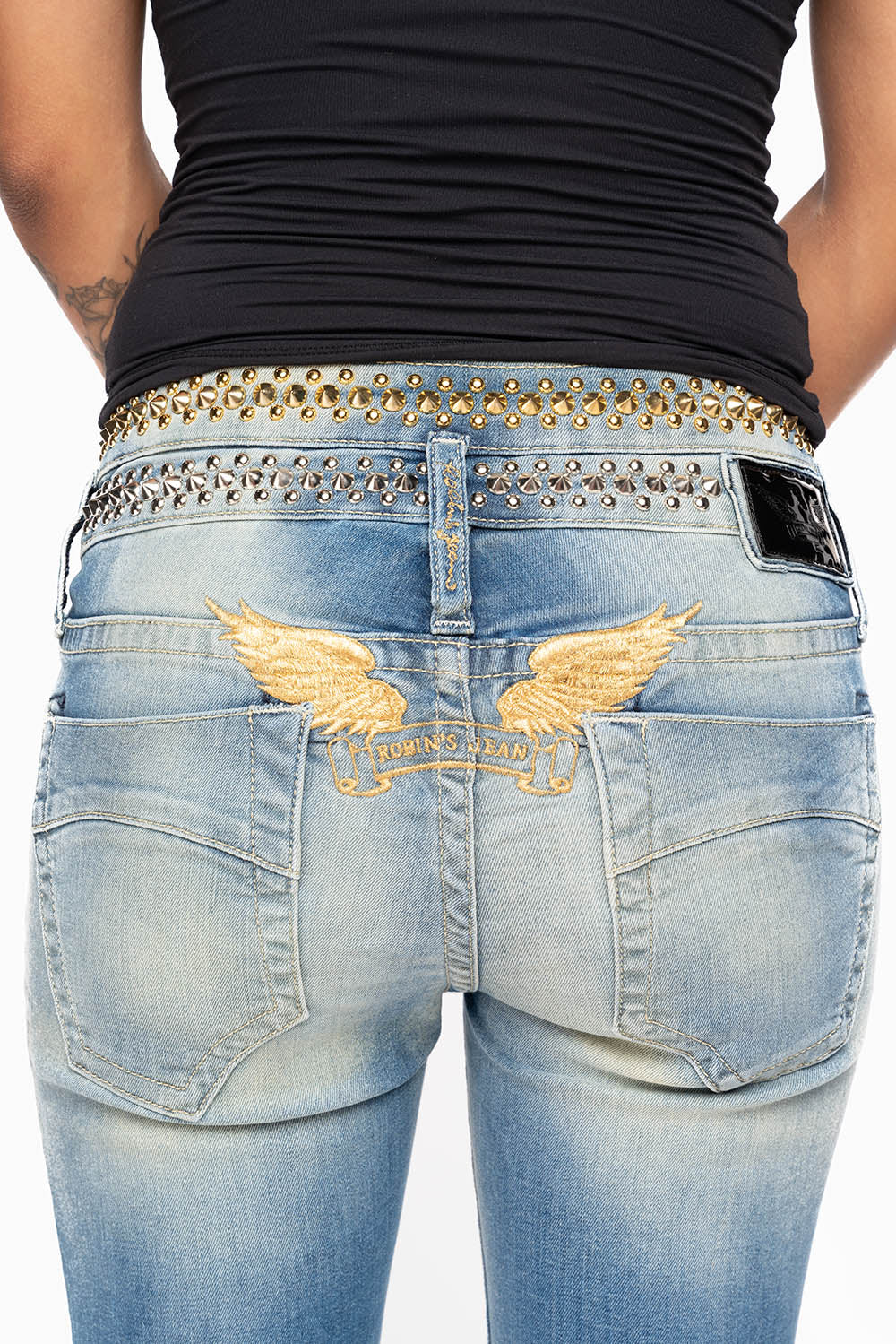 ROBIN'S DOUBLE WAIST SKINNY JEAN IN ELROY MEDIUM WASH WITH SPIKES & NAILHEADS - Image 3