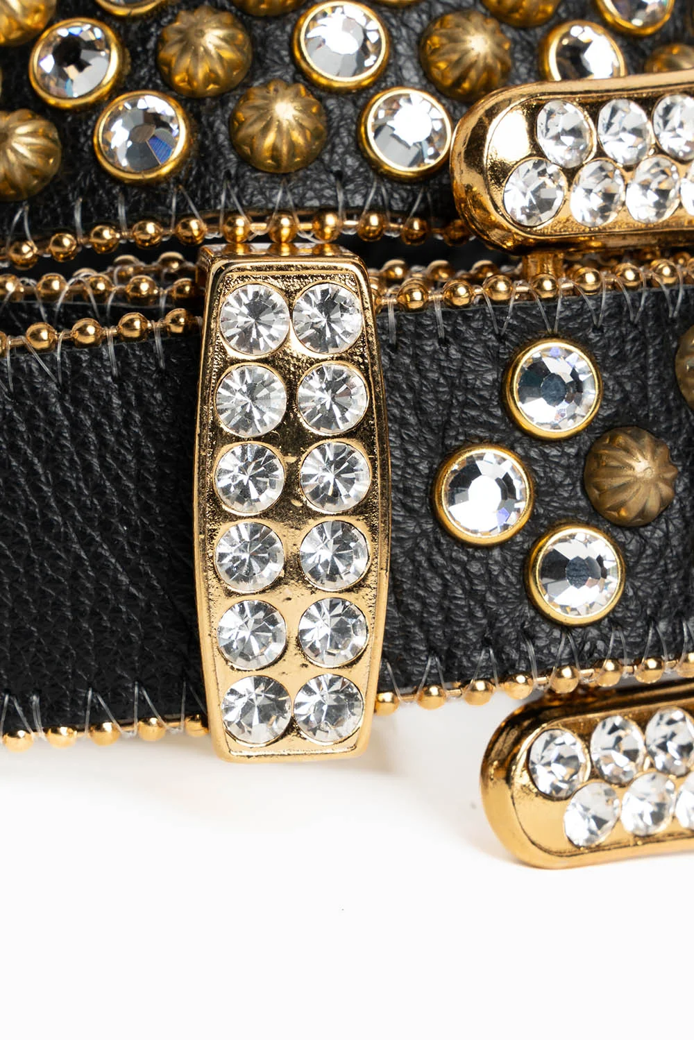ROBIN'S JEAN BLK LEATHER BELT WITH CLEAR CRYSTALS & GOLD PARACHUTE STUDS - Image 3