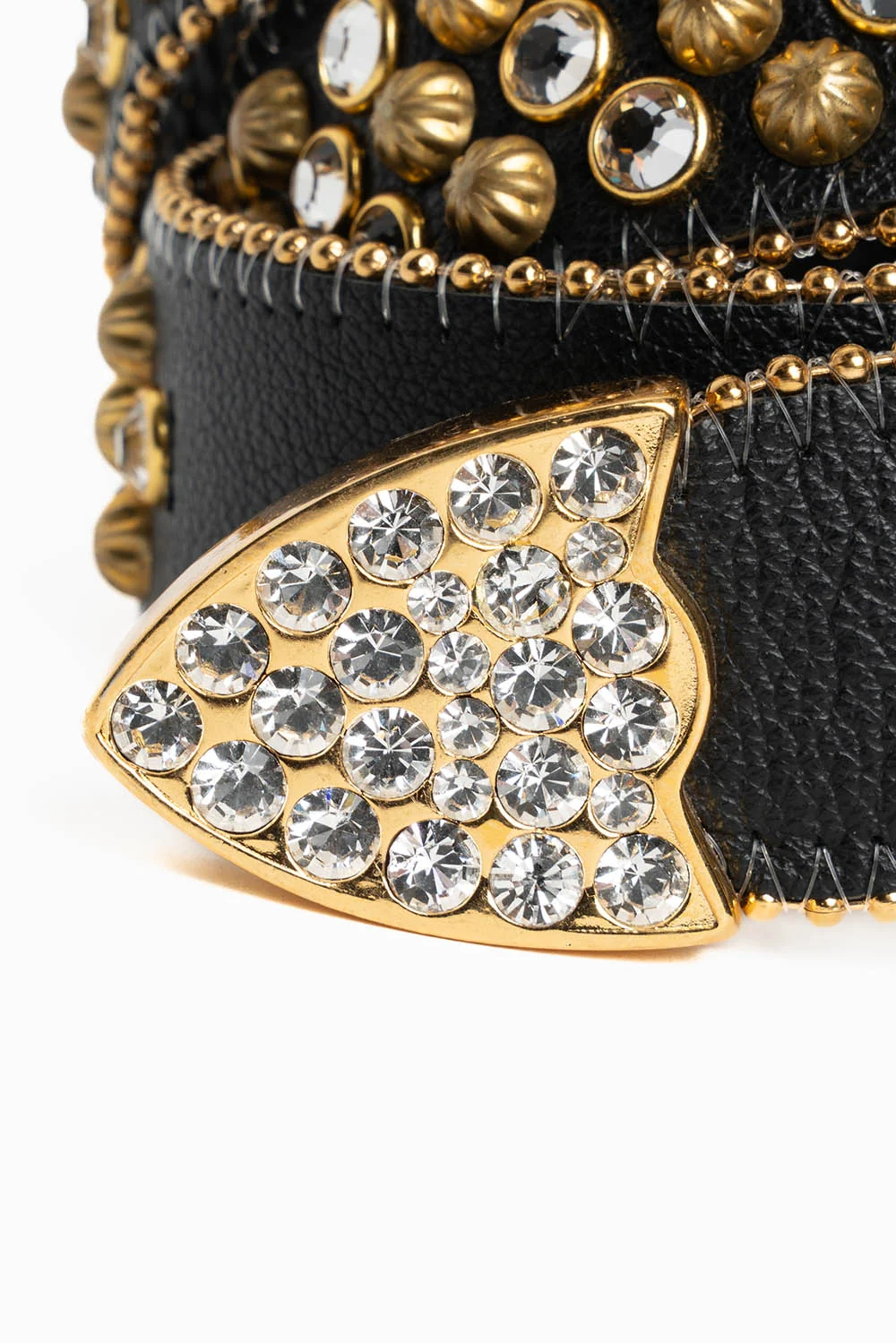 ROBIN'S JEAN BLK LEATHER BELT WITH CLEAR CRYSTALS & GOLD PARACHUTE STUDS - Image 4
