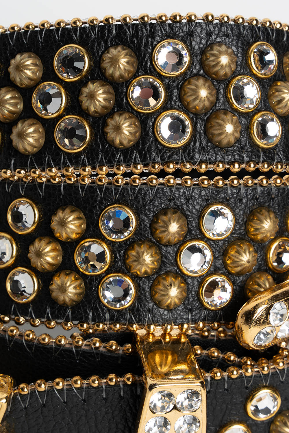 ROBIN'S JEAN BLK LEATHER BELT WITH CLEAR CRYSTALS & GOLD PARACHUTE STUDS - Image 5
