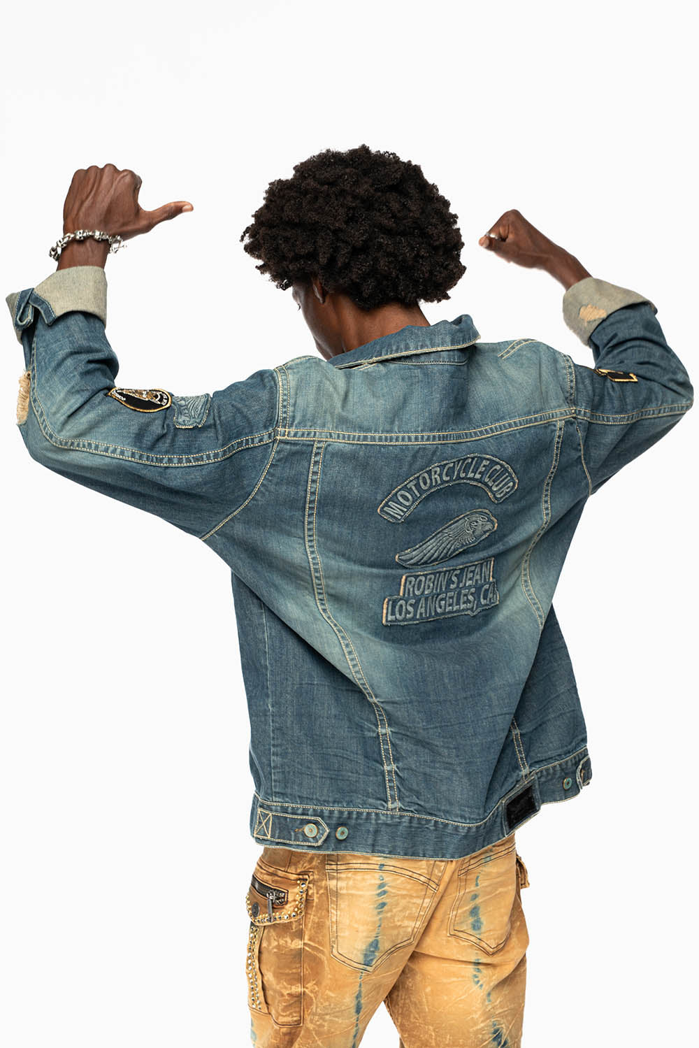 ROBINS MOTORCYCLE CLUB DENIM JACKET IN SMOKY BLUE BROKEN WASH WITH MULTIPLE  PATCHES - Image 2