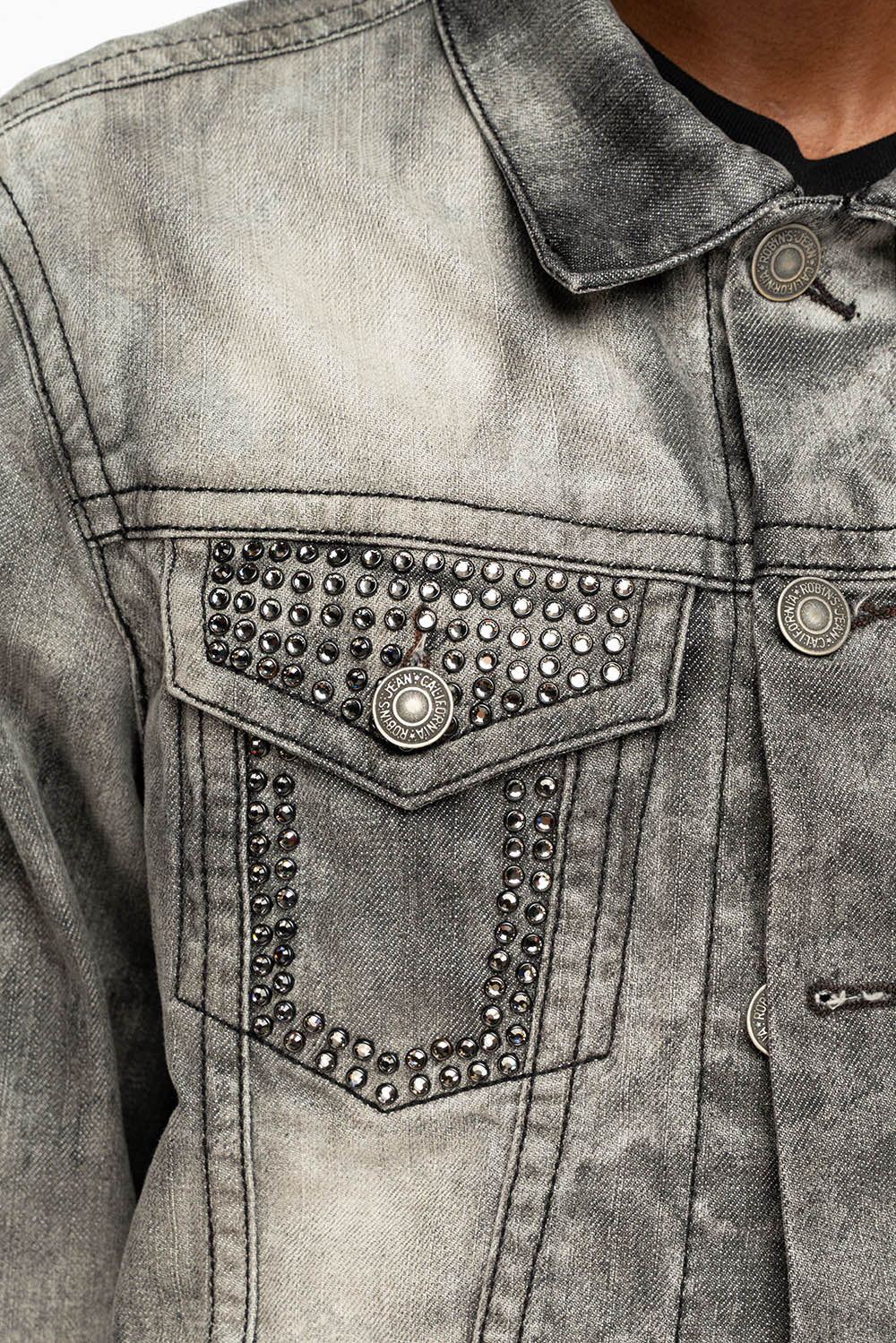 ROBINS MOTORCYCLE CLUB DENIM JACKET IN GREY CHEROKEE WASH EMBELLISHED WITH CRYSTALS - Image 2
