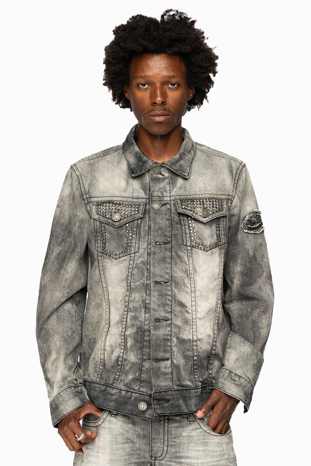 ROBINS MOTORCYCLE CLUB DENIM JACKET IN GREY CHEROKEE WASH EMBELLISHED WITH CRYSTALS - Image 8