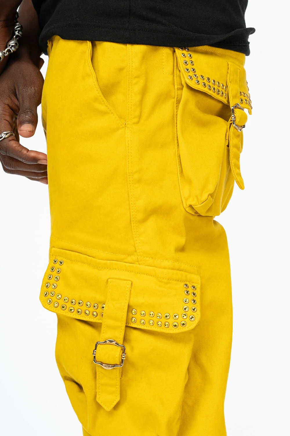 ROBINS NEW MILITARY STYLE CARGO PANTS IN MUSTARD WITH CITRINE CRYSTALS - Image 3