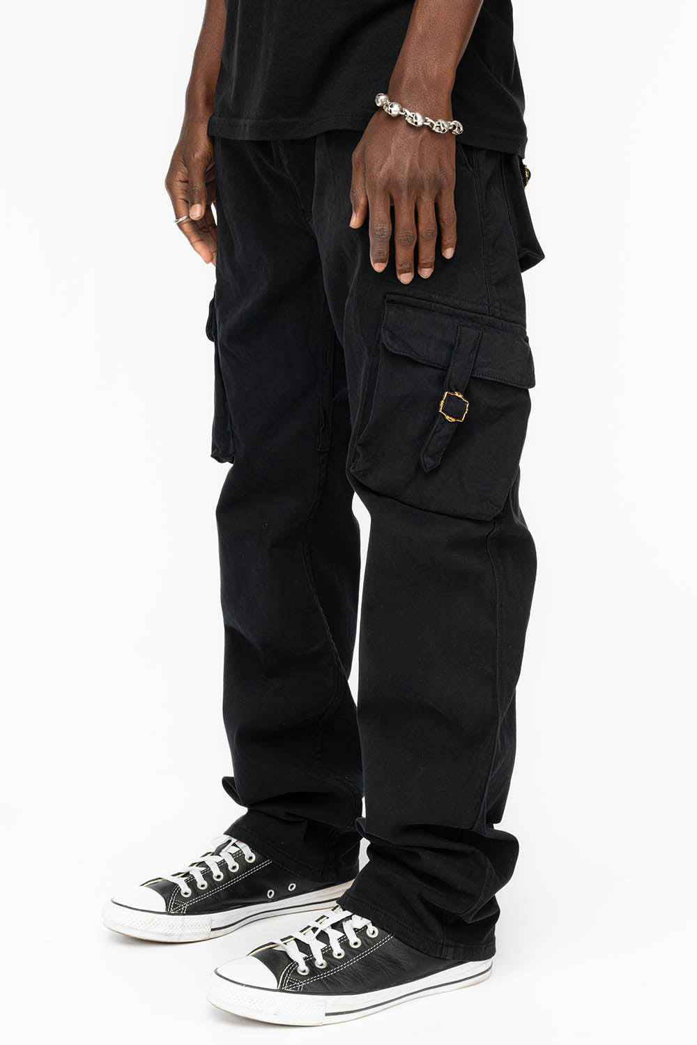 ROBINS NEW MILITARY STYLE CARGO PANTS IN PURE BLACK WITH WHITE EMBROIDERY - Image 3