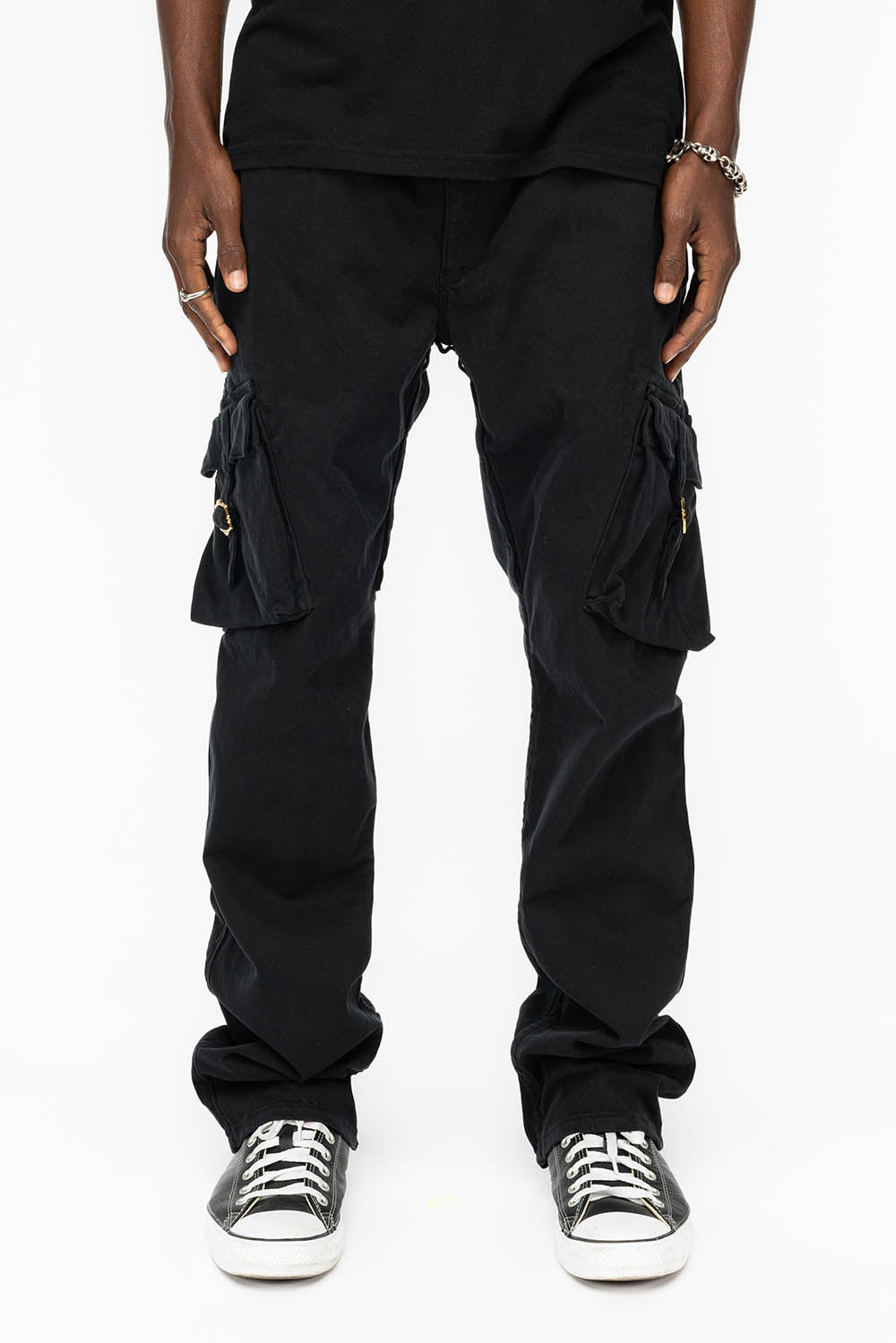 ROBINS NEW MILITARY STYLE CARGO PANTS IN PURE BLACK WITH WHITE EMBROIDERY - Image 4