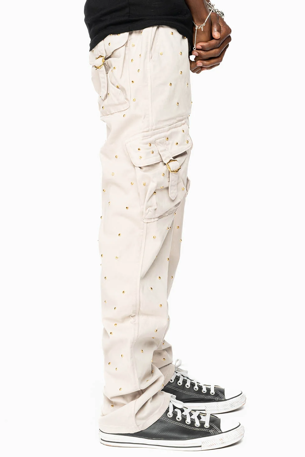 ROBINS NEW MILITARY STYLE CARGO PANTS IN STONE COLOR WASH EMBELLISHED ALLOVER WITH CRYSTALS - Image 10