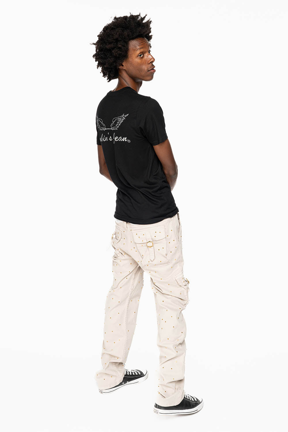 ROBINS NEW MILITARY STYLE CARGO PANTS IN STONE COLOR WASH EMBELLISHED ALLOVER WITH CRYSTALS - Image 6