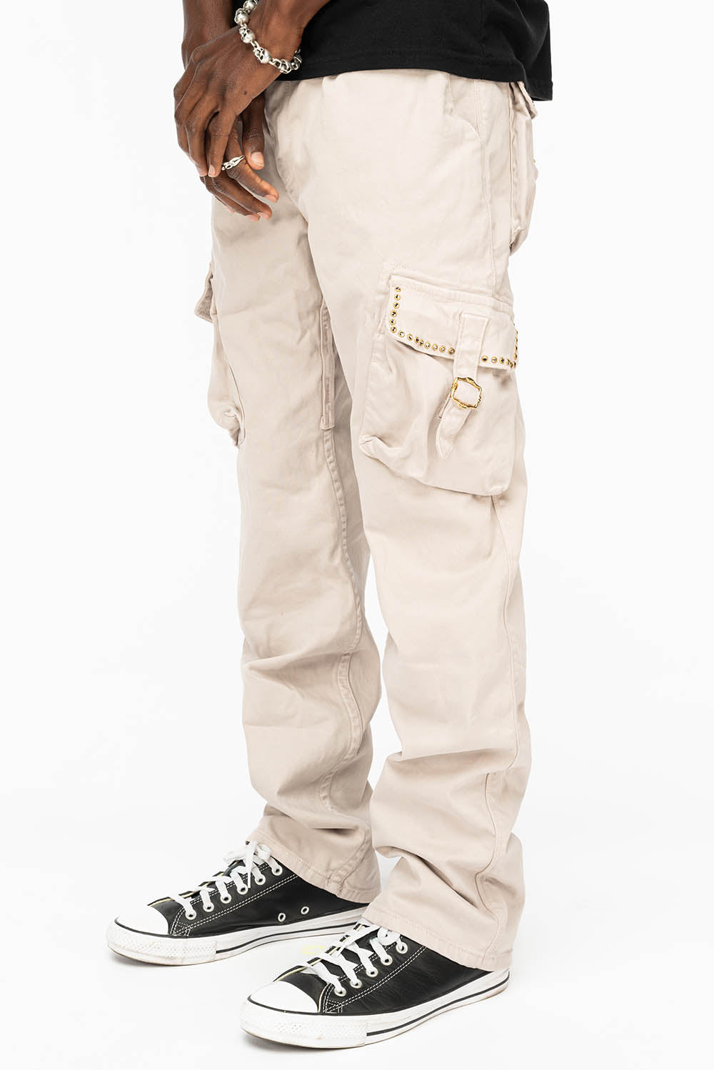 ROBINS NEW MILITARY STYLE CARGO PANTS IN STONE COLOR WASH WITH BLACK DIAMOND CRYSTALS - Image 4