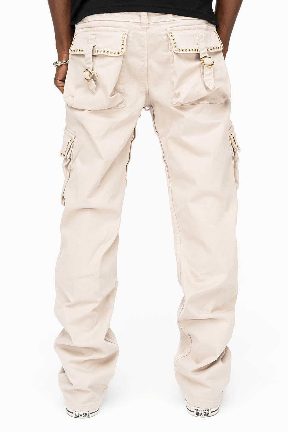 ROBINS NEW MILITARY STYLE CARGO PANTS IN STONE COLOR WASH WITH BLACK DIAMOND CRYSTALS - Image 5