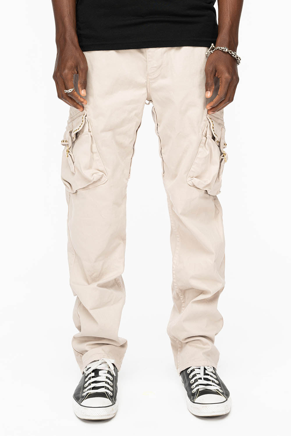 ROBINS NEW MILITARY STYLE CARGO PANTS IN STONE COLOR WASH WITH BLACK DIAMOND CRYSTALS - Image 6