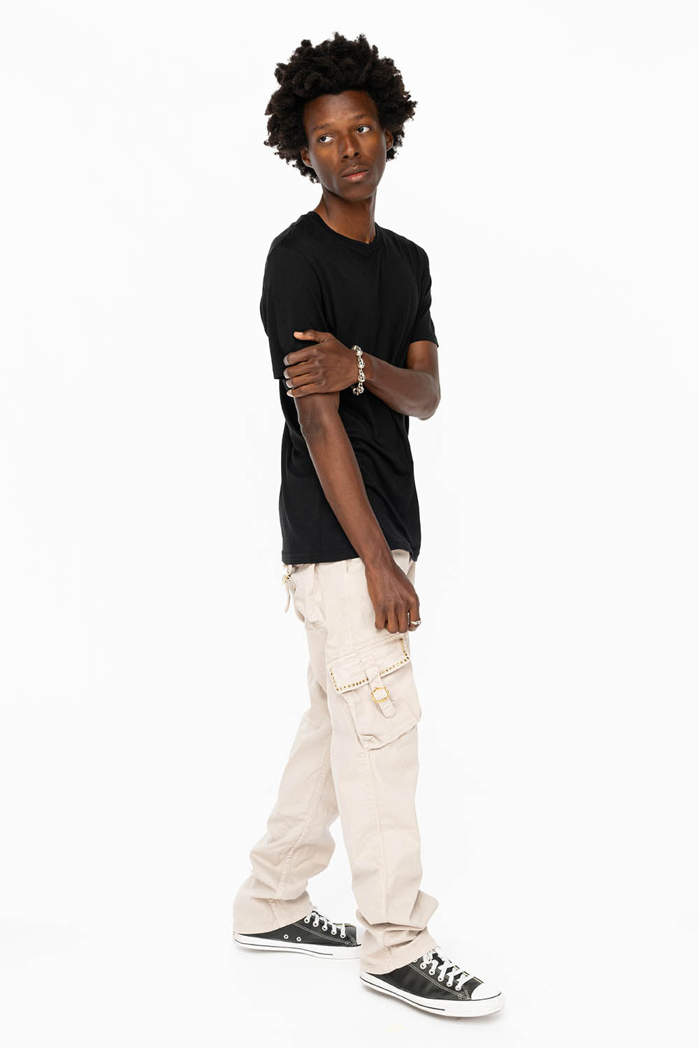 ROBINS NEW MILITARY STYLE CARGO PANTS IN STONE COLOR WASH WITH BLACK DIAMOND CRYSTALS - Image 7