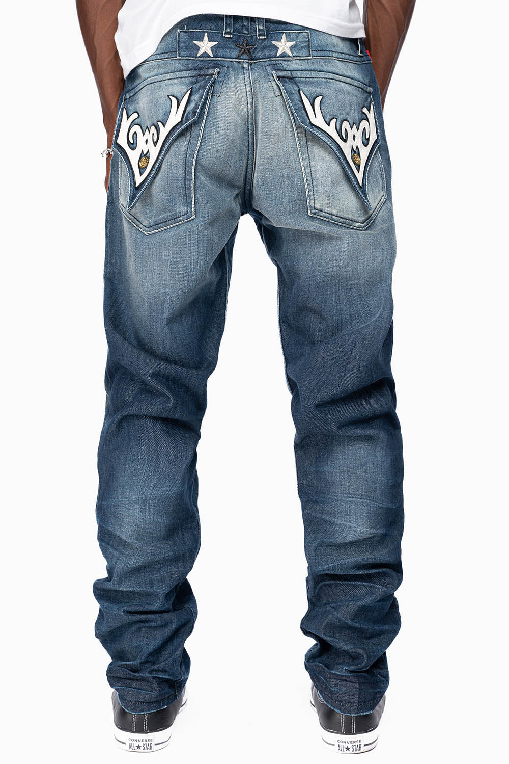 ROBINS RED LABEL LONG FLAP SLIM JEANS IN DARK BLUE BROKEN WASH WITH PATCHES - Image 2