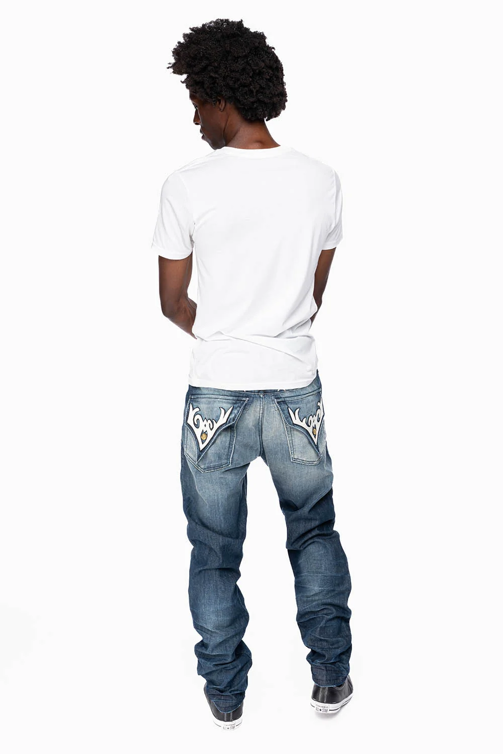 ROBINS RED LABEL LONG FLAP SLIM JEANS IN DARK BLUE BROKEN WASH WITH PATCHES - Image 6