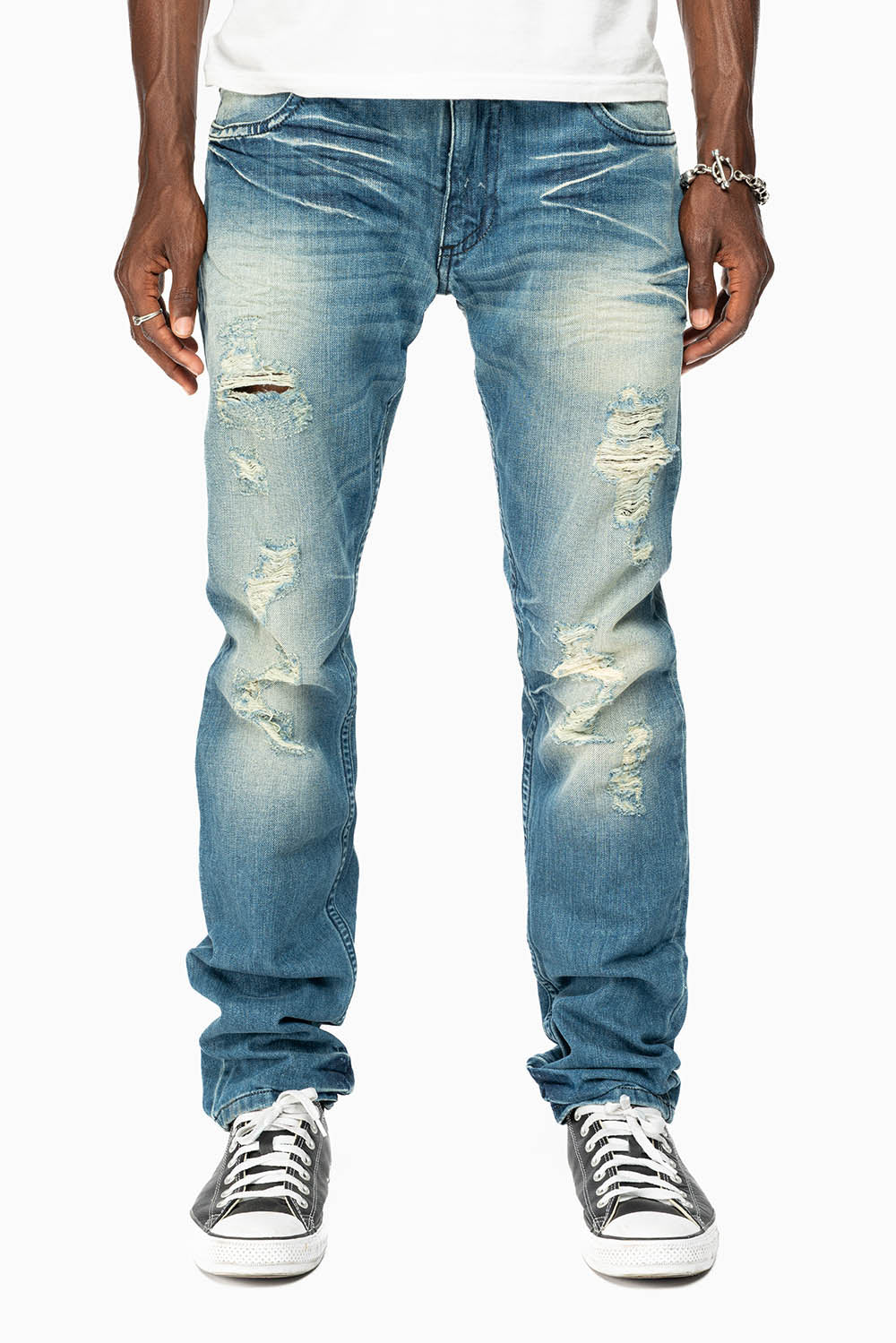 ROBINS RED LABEL LONG FLAP SLIM JEANS IN MEDIUM BLUE BROKEN WASH
