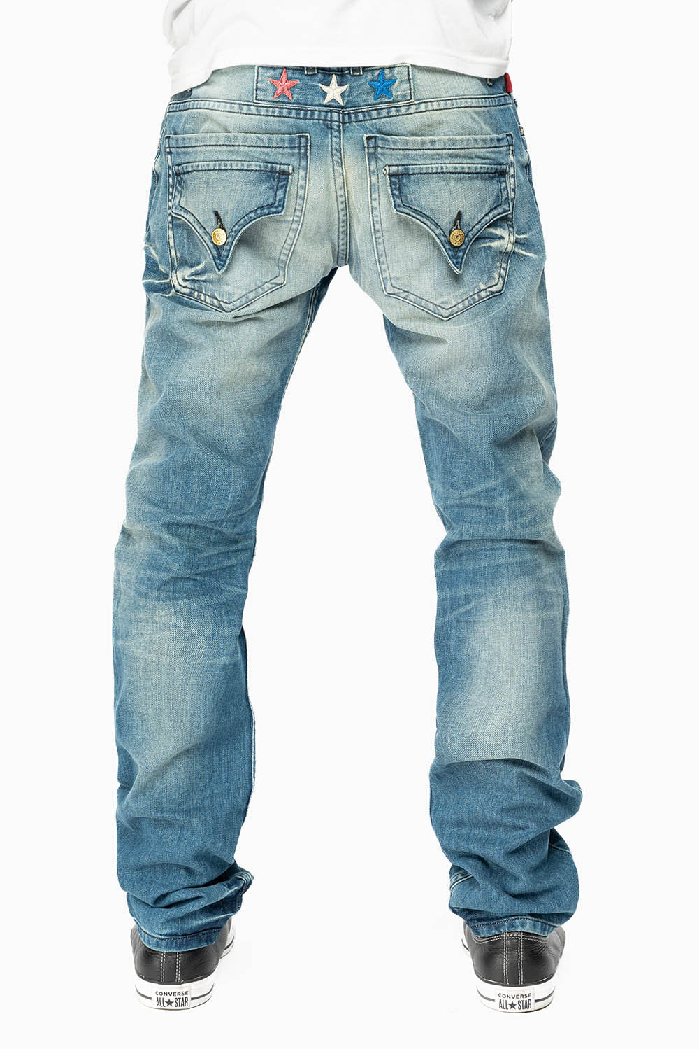 ROBINS RED LABEL LONG FLAP SLIM JEANS IN MEDIUM BLUE BROKEN WASH - Image 2