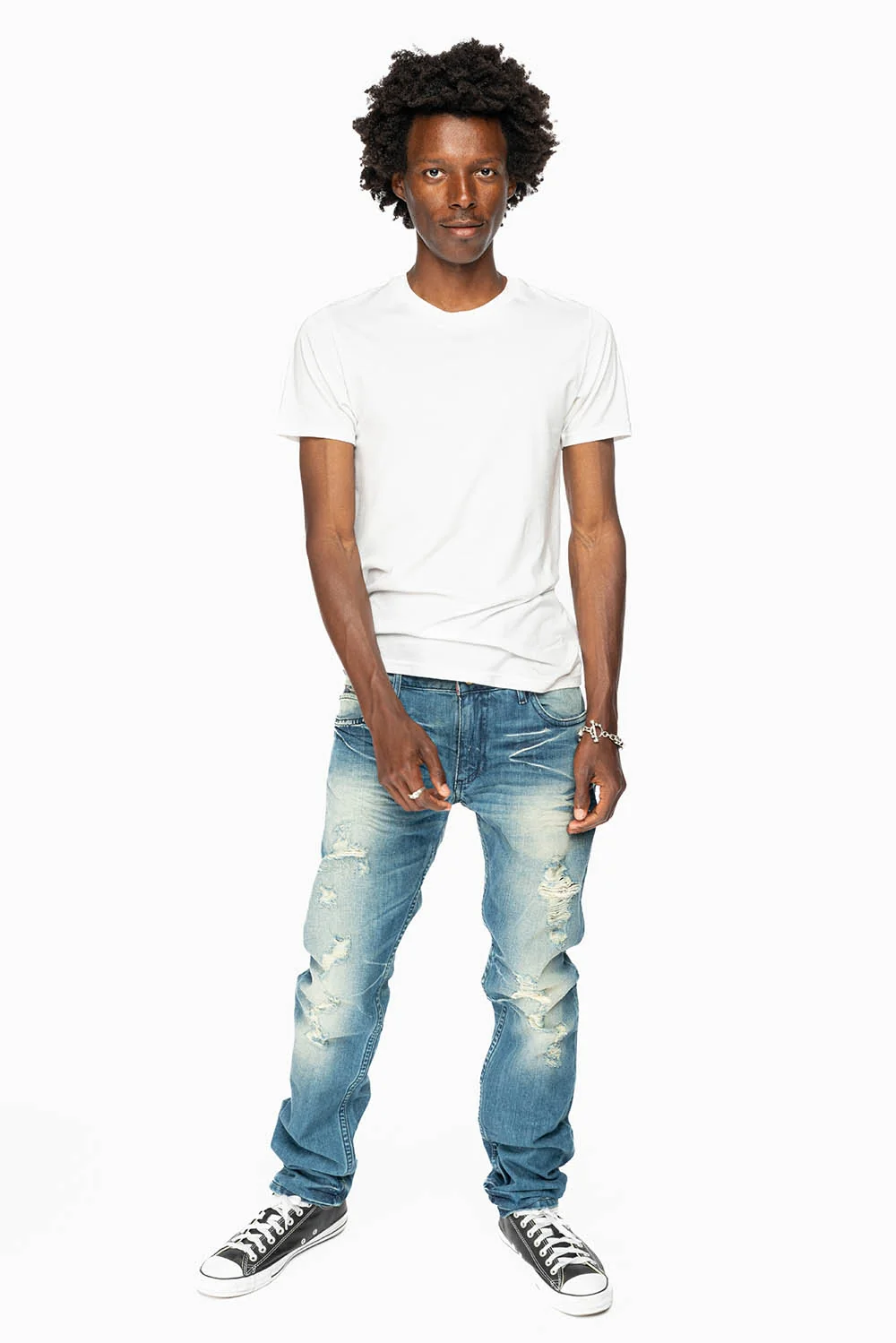 ROBINS RED LABEL LONG FLAP SLIM JEANS IN MEDIUM BLUE BROKEN WASH - Image 4