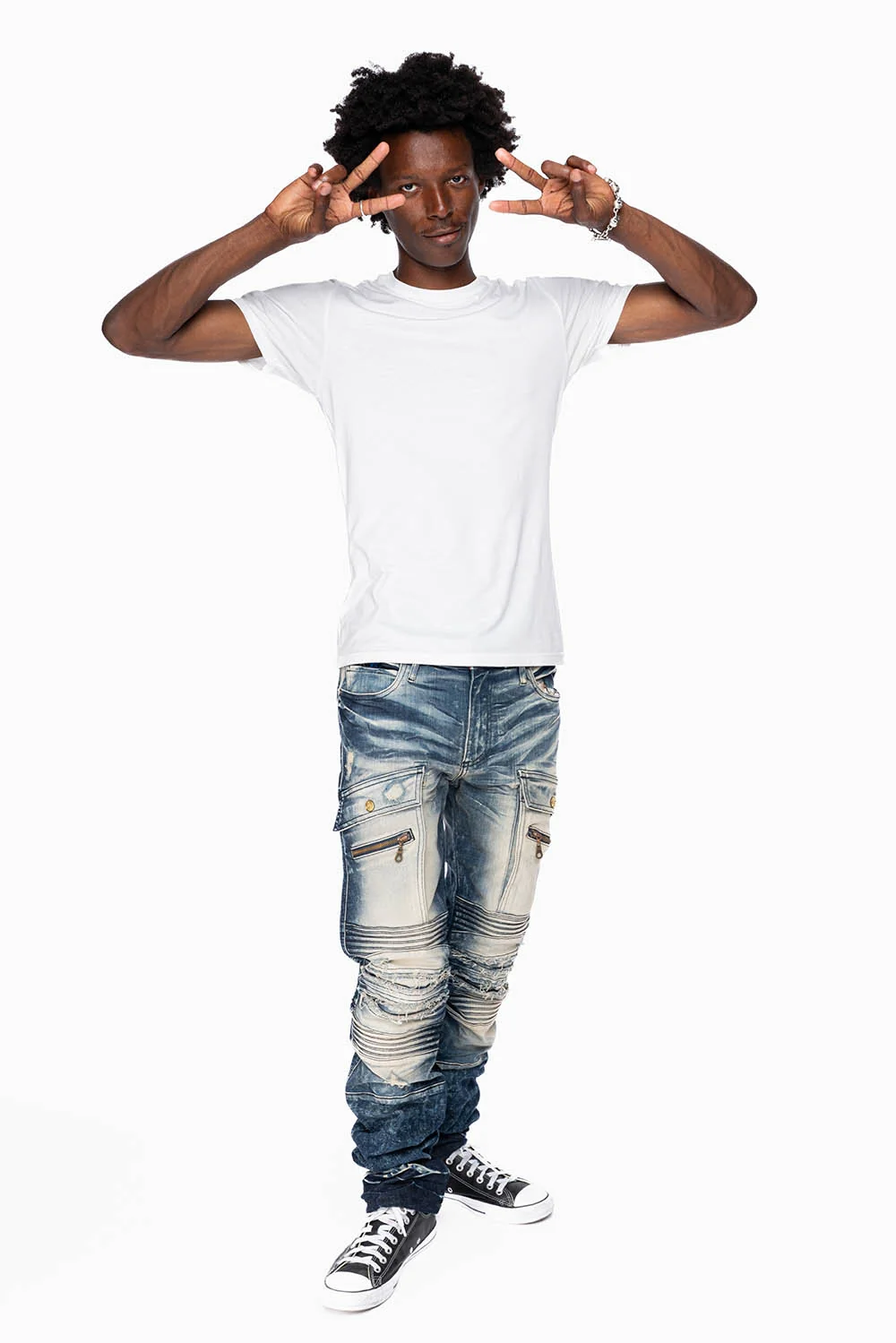 ROBINS RED LABEL MILITARY INSPIRED BIKER JEANS IN DARK BLUE BROKEN WASH - Image 4