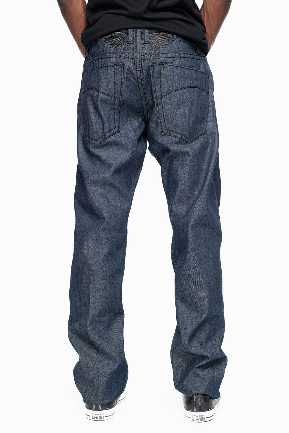 ROBIN'S SLIM FIT JEANS IN RAW DENIM EMBROIDERED ROBIN'S WING LOGO WITH BLK HEAVY STITCHING - Image 2