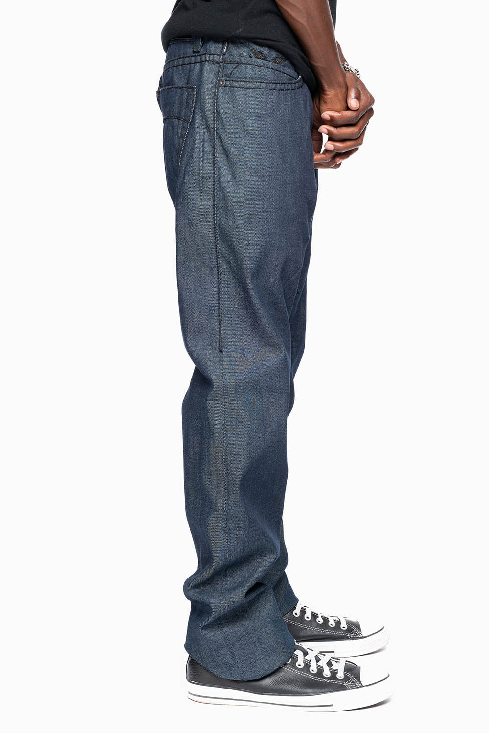 ROBIN'S SLIM FIT JEANS IN RAW DENIM EMBROIDERED ROBIN'S WING LOGO WITH BLK HEAVY STITCHING - Image 4