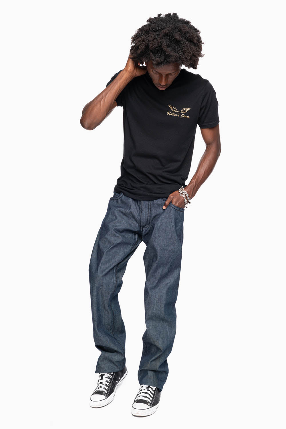 ROBIN'S SLIM FIT JEANS IN RAW DENIM EMBROIDERED ROBIN'S WING LOGO WITH BLK HEAVY STITCHING - Image 5