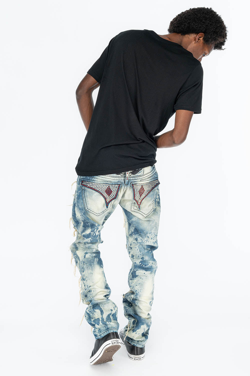 VINTAGE DISTRESSED & REPAIRED JEANS WITH BACK POCKET CRYSTALS IN BLUE CHEROKEE WASH - Image 9