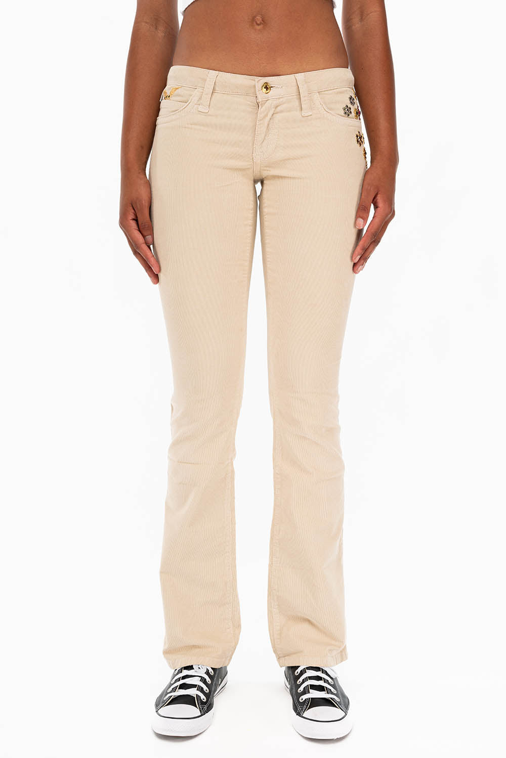 CRYSTAL FLOWER BOOT CUT BABY CORDS IN BEIGE - Image 2