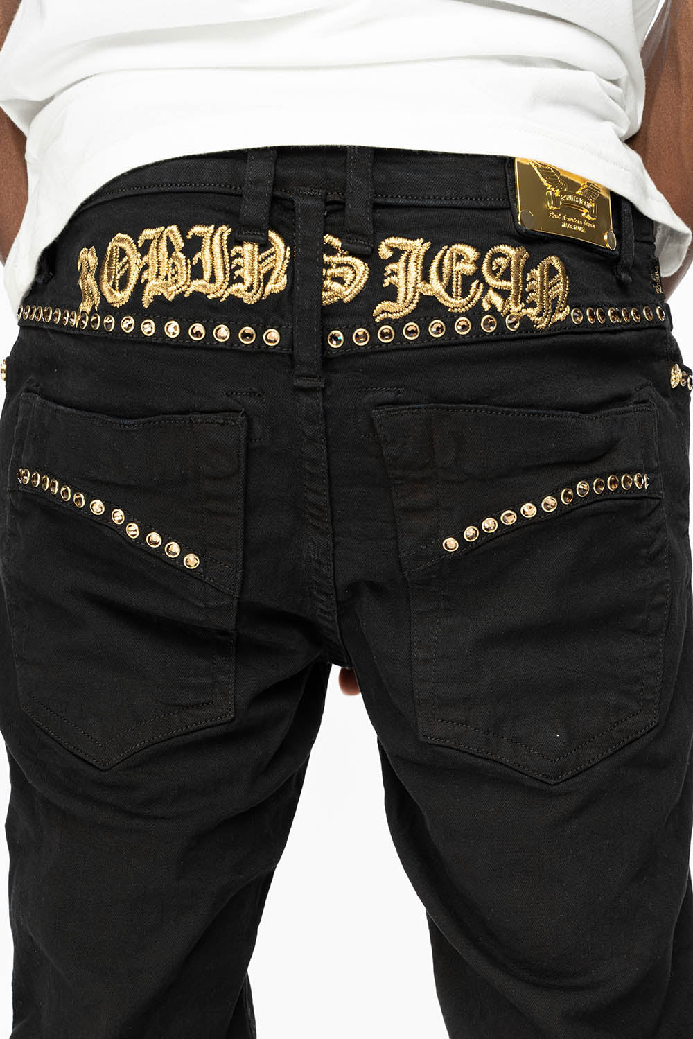 SKINNY JEAN IN PURE BLACK WITH GOLD O.E. LOGO EMBELISHED WITH SMOKY TOPAZ CRYSTALS - Image 2
