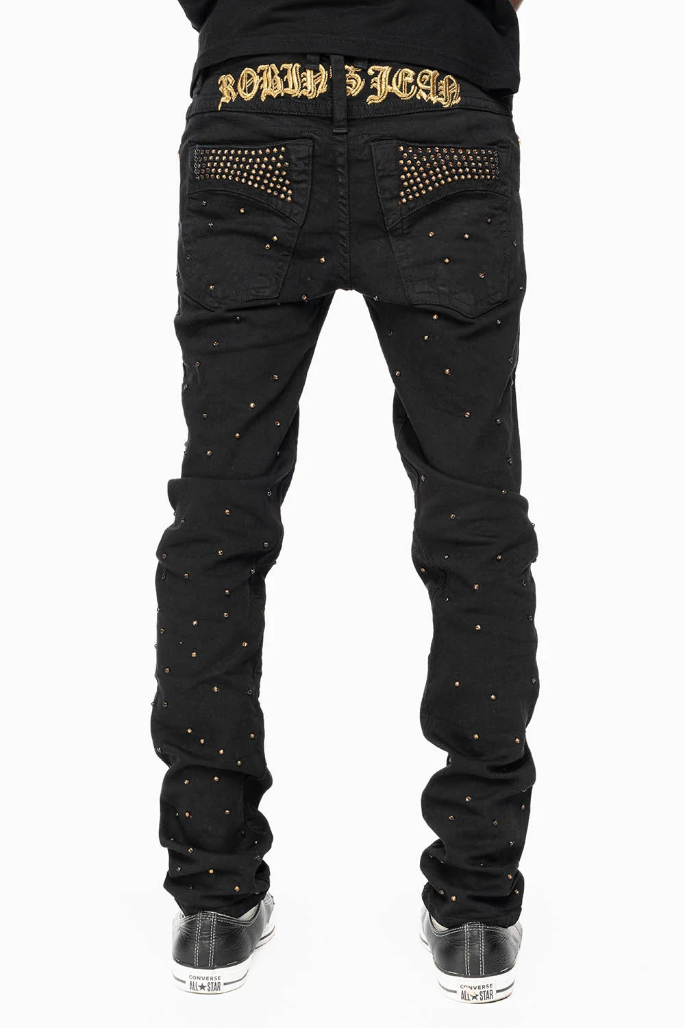 SKINNY JEAN IN PURE BLACK WITH GOLD O.E. LOGO EMBELLISHED ALLOVER WITH SMOKY TOPAZ CRYSTALS - Image 9
