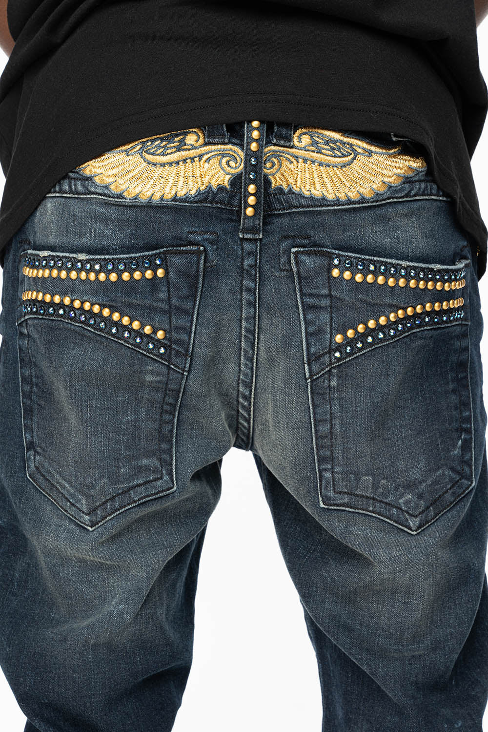SKINNY MENS JEANS IN 4 D DARK BLUE WASH WITH BLUE SAPPHIRE CRYSTALS AND GOLD NAILHEAD - Image 4