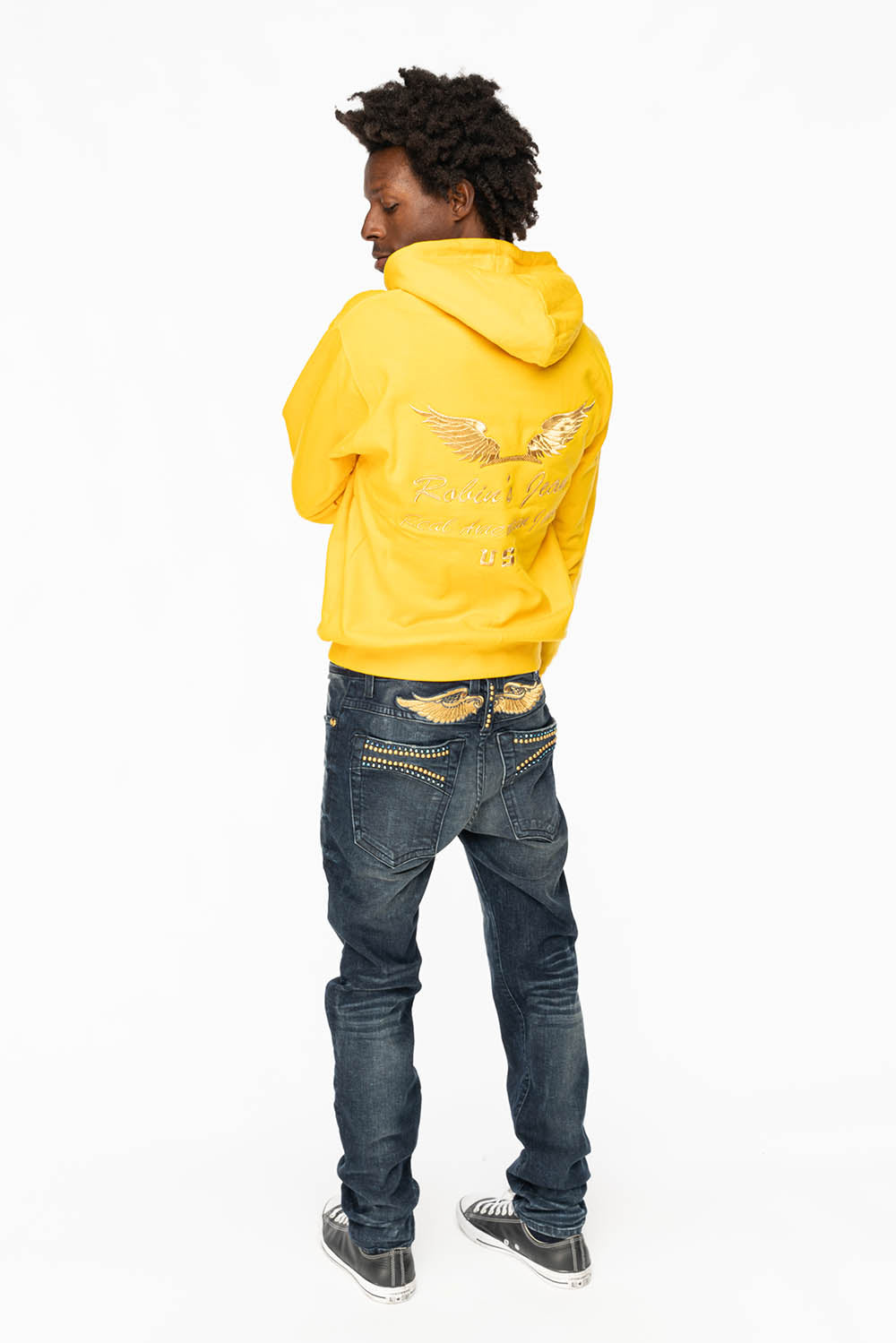 SKINNY MENS JEANS IN 4 D DARK BLUE WASH WITH BLUE SAPPHIRE CRYSTALS AND GOLD NAILHEAD - Image 5